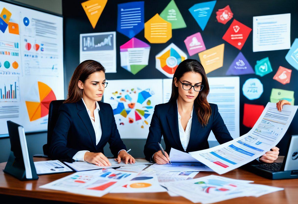 A stylized scene featuring a confident businesswoman reviewing insurance documents, surrounded by symbolic representations of risk mitigation like shields and safety nets. In the background, a diverse adult industry landscape emphasizes safety and empowerment. A balance scale represents fairness. The overall tone is professional yet approachable. vibrant colors. super-realistic.