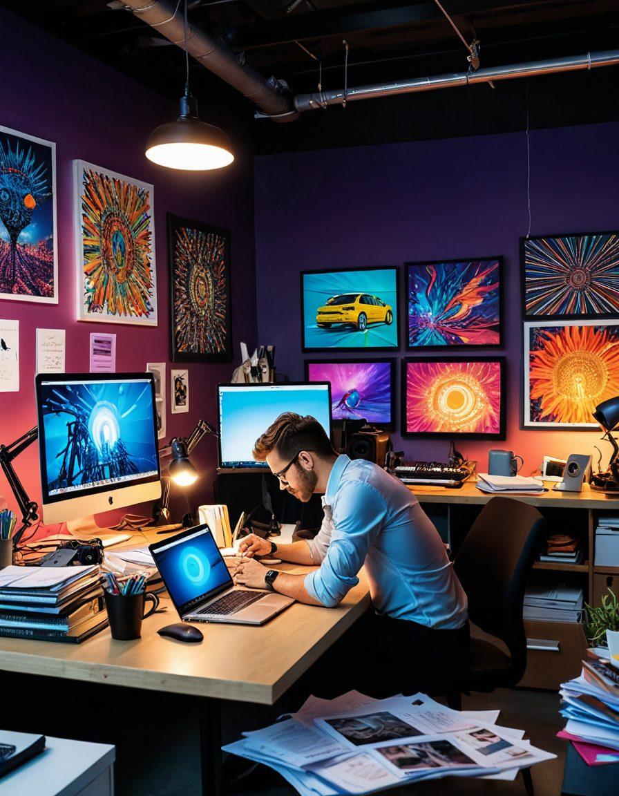A split scene illustrating the dual worlds of adult content creation and insurance, featuring an artist in a creative studio on one side surrounded by cameras, lights, and vibrant artwork, and on the other side an insurance advisor at a desk filled with policy documents and a laptop. The background blends in a smooth transition, symbolizing the connection between creativity and protection. Bright colors and engaging visuals to capture attention. super-realistic. vibrant colors. modern style.
