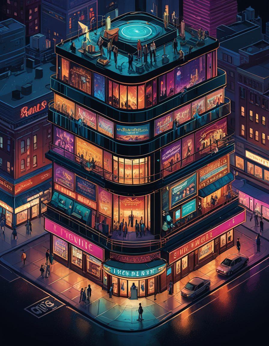An illustrative depiction of a complex cityscape symbolizing the adult entertainment industry, with diverse adult-themed buildings representing various sectors. Overlay a transparent insurance policy document showing terms and conditions. Include visual elements like scales of justice and money to underscore coverage and risks. Use bold, vibrant colors to attract attention, and a hint of glamour to reflect the industry. digital art. vibrant colors. high contrast.